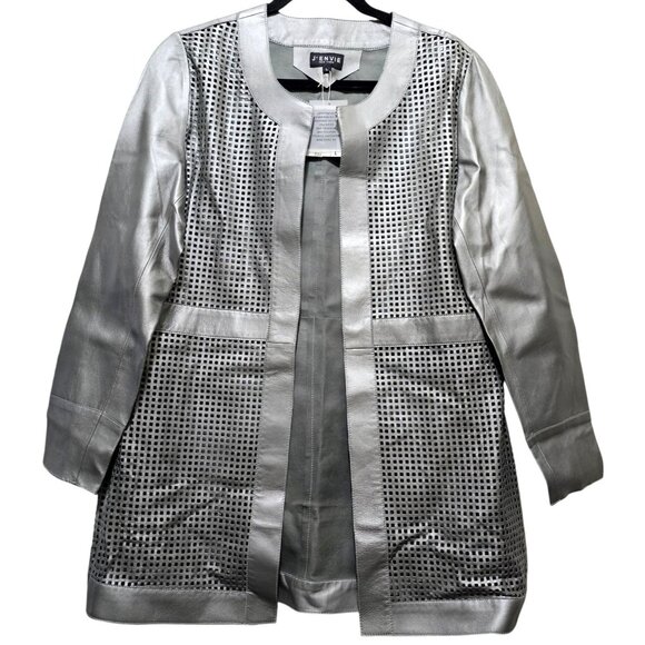 JEnvie New York Silver Perforated Leather Jacket L Lightweight Stylish Outerwear - Picture 2 of 9